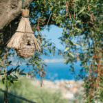Casa di Pietra birdhouse hanging from a tree. Handmade birdhouse with straw roof. Rustic birdhouse design.